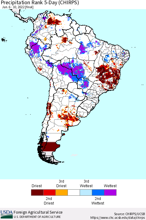 South America Precipitation Rank since 1981, 5-Day (CHIRPS) Thematic Map For 6/6/2022 - 6/10/2022