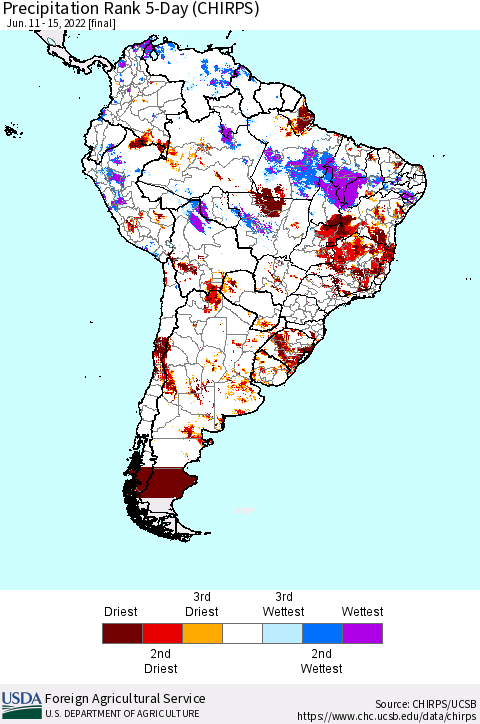 South America Precipitation Rank since 1981, 5-Day (CHIRPS) Thematic Map For 6/11/2022 - 6/15/2022