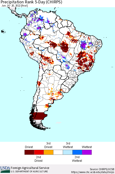 South America Precipitation Rank since 1981, 5-Day (CHIRPS) Thematic Map For 6/16/2022 - 6/20/2022