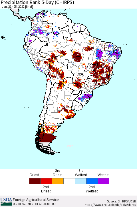 South America Precipitation Rank since 1981, 5-Day (CHIRPS) Thematic Map For 6/21/2022 - 6/25/2022