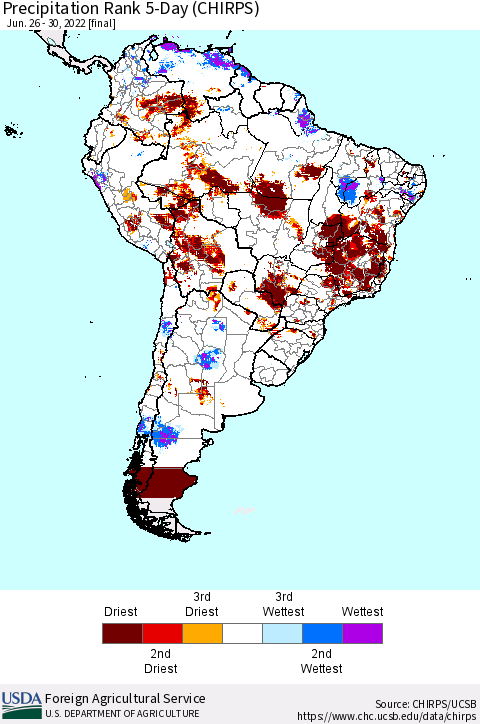 South America Precipitation Rank since 1981, 5-Day (CHIRPS) Thematic Map For 6/26/2022 - 6/30/2022