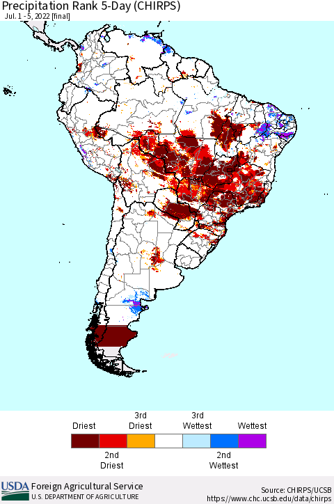 South America Precipitation Rank since 1981, 5-Day (CHIRPS) Thematic Map For 7/1/2022 - 7/5/2022