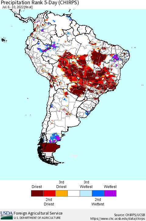 South America Precipitation Rank since 1981, 5-Day (CHIRPS) Thematic Map For 7/6/2022 - 7/10/2022