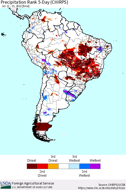 South America Precipitation Rank since 1981, 5-Day (CHIRPS) Thematic Map For 7/11/2022 - 7/15/2022