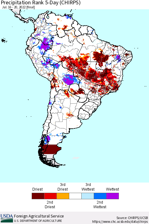 South America Precipitation Rank since 1981, 5-Day (CHIRPS) Thematic Map For 7/16/2022 - 7/20/2022