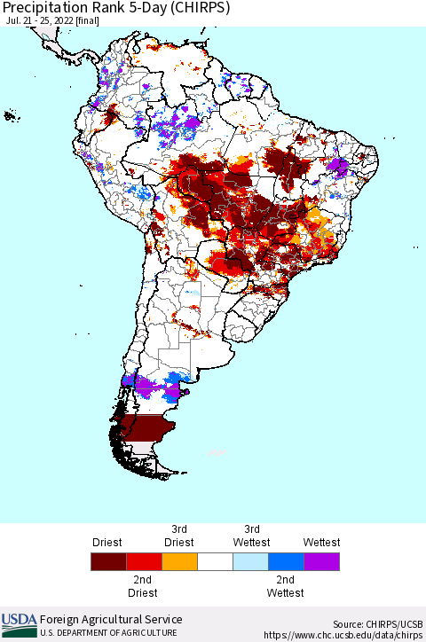 South America Precipitation Rank since 1981, 5-Day (CHIRPS) Thematic Map For 7/21/2022 - 7/25/2022