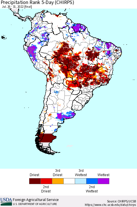 South America Precipitation Rank since 1981, 5-Day (CHIRPS) Thematic Map For 7/26/2022 - 7/31/2022