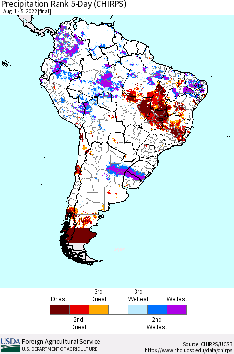 South America Precipitation Rank since 1981, 5-Day (CHIRPS) Thematic Map For 8/1/2022 - 8/5/2022