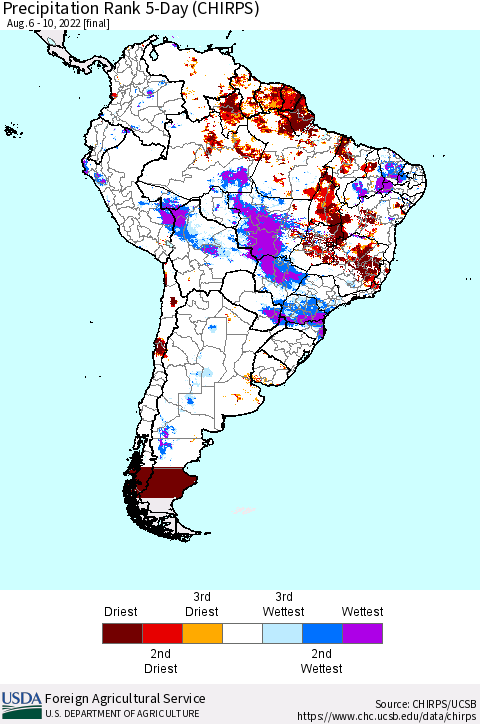 South America Precipitation Rank since 1981, 5-Day (CHIRPS) Thematic Map For 8/6/2022 - 8/10/2022