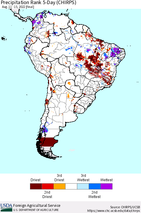 South America Precipitation Rank since 1981, 5-Day (CHIRPS) Thematic Map For 8/11/2022 - 8/15/2022