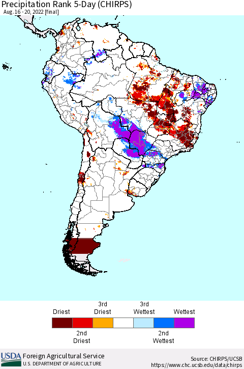 South America Precipitation Rank since 1981, 5-Day (CHIRPS) Thematic Map For 8/16/2022 - 8/20/2022