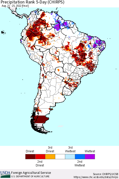 South America Precipitation Rank since 1981, 5-Day (CHIRPS) Thematic Map For 8/21/2022 - 8/25/2022