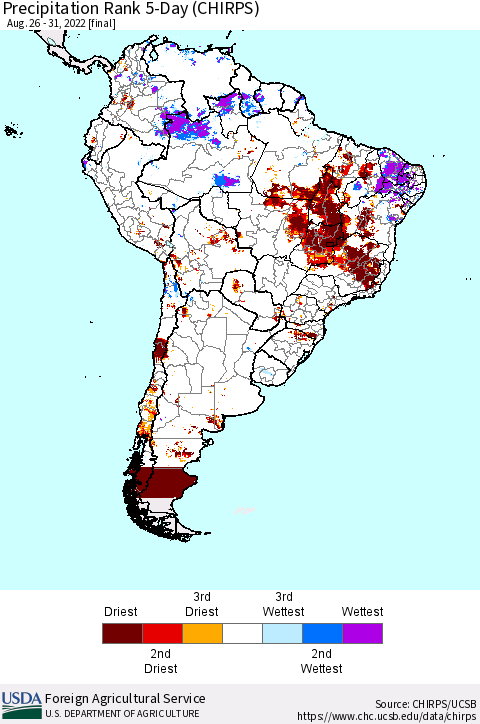 South America Precipitation Rank since 1981, 5-Day (CHIRPS) Thematic Map For 8/26/2022 - 8/31/2022