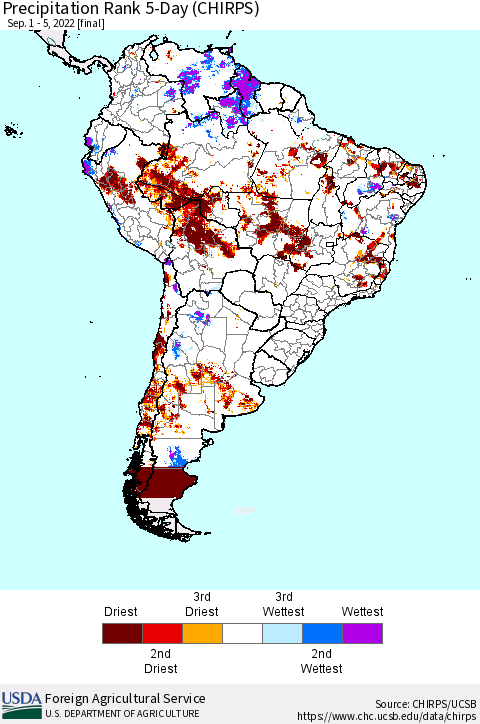 South America Precipitation Rank since 1981, 5-Day (CHIRPS) Thematic Map For 9/1/2022 - 9/5/2022