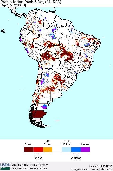 South America Precipitation Rank since 1981, 5-Day (CHIRPS) Thematic Map For 9/6/2022 - 9/10/2022