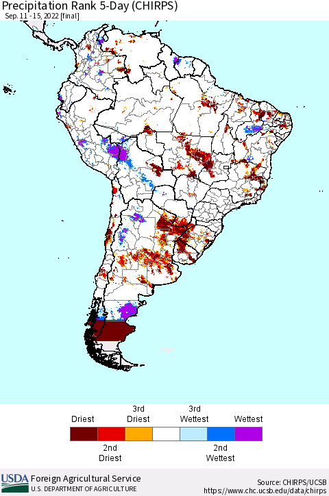 South America Precipitation Rank since 1981, 5-Day (CHIRPS) Thematic Map For 9/11/2022 - 9/15/2022