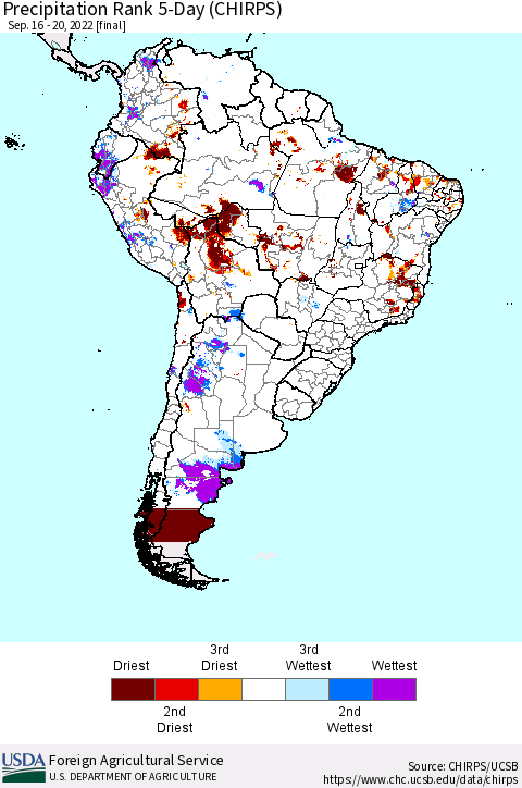 South America Precipitation Rank since 1981, 5-Day (CHIRPS) Thematic Map For 9/16/2022 - 9/20/2022