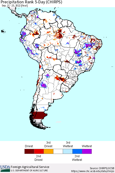 South America Precipitation Rank since 1981, 5-Day (CHIRPS) Thematic Map For 9/21/2022 - 9/25/2022