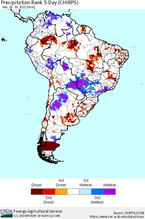 South America Precipitation Rank since 1981, 5-Day (CHIRPS) Thematic Map For 9/26/2022 - 9/30/2022