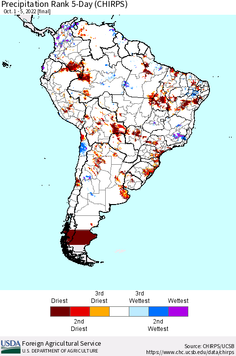 South America Precipitation Rank since 1981, 5-Day (CHIRPS) Thematic Map For 10/1/2022 - 10/5/2022