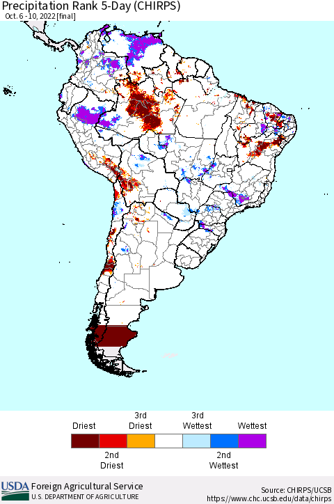 South America Precipitation Rank since 1981, 5-Day (CHIRPS) Thematic Map For 10/6/2022 - 10/10/2022