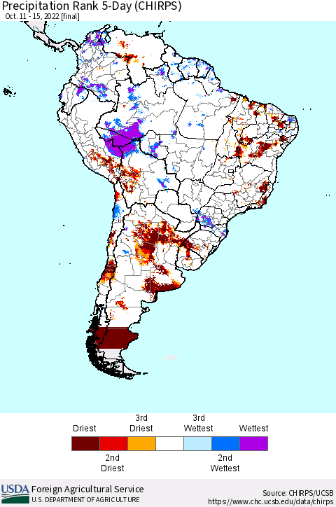 South America Precipitation Rank since 1981, 5-Day (CHIRPS) Thematic Map For 10/11/2022 - 10/15/2022