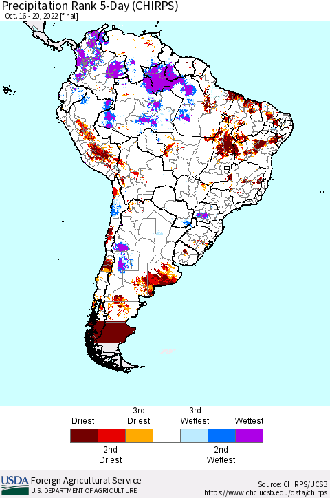 South America Precipitation Rank since 1981, 5-Day (CHIRPS) Thematic Map For 10/16/2022 - 10/20/2022
