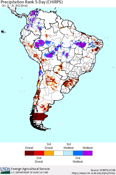 South America Precipitation Rank since 1981, 5-Day (CHIRPS) Thematic Map For 10/21/2022 - 10/25/2022