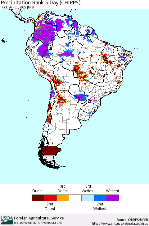 South America Precipitation Rank since 1981, 5-Day (CHIRPS) Thematic Map For 10/26/2022 - 10/31/2022