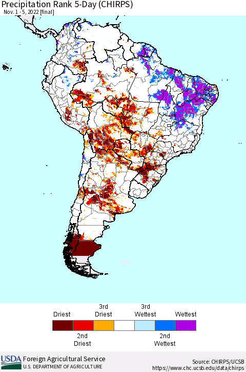 South America Precipitation Rank since 1981, 5-Day (CHIRPS) Thematic Map For 11/1/2022 - 11/5/2022