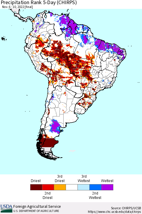 South America Precipitation Rank since 1981, 5-Day (CHIRPS) Thematic Map For 11/6/2022 - 11/10/2022
