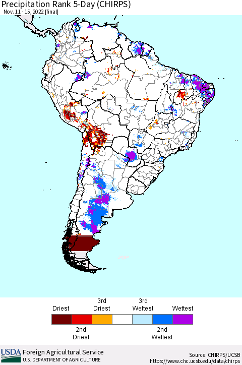 South America Precipitation Rank since 1981, 5-Day (CHIRPS) Thematic Map For 11/11/2022 - 11/15/2022