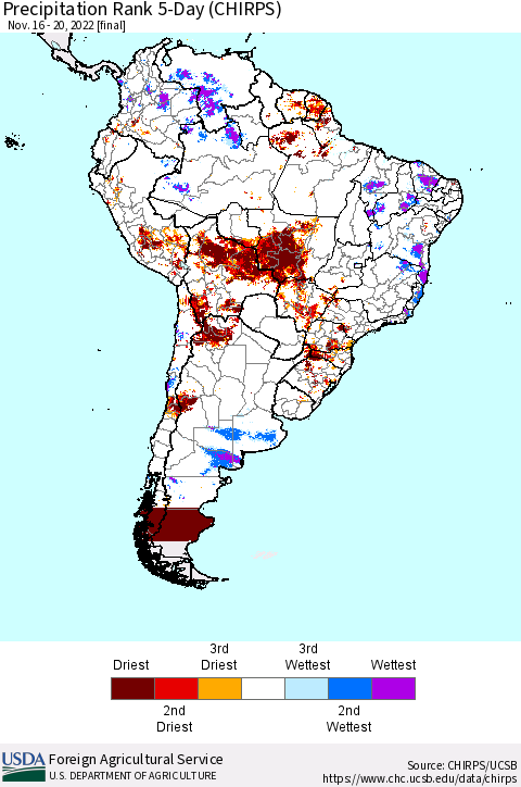 South America Precipitation Rank since 1981, 5-Day (CHIRPS) Thematic Map For 11/16/2022 - 11/20/2022
