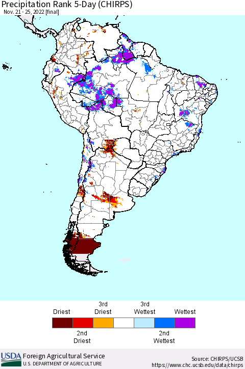 South America Precipitation Rank since 1981, 5-Day (CHIRPS) Thematic Map For 11/21/2022 - 11/25/2022
