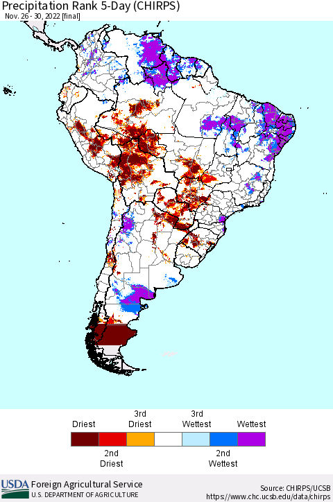 South America Precipitation Rank since 1981, 5-Day (CHIRPS) Thematic Map For 11/26/2022 - 11/30/2022