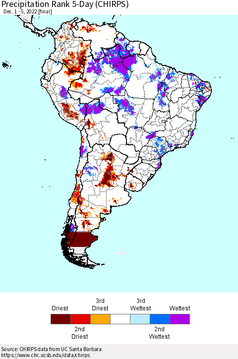 South America Precipitation Rank since 1981, 5-Day (CHIRPS) Thematic Map For 12/1/2022 - 12/5/2022
