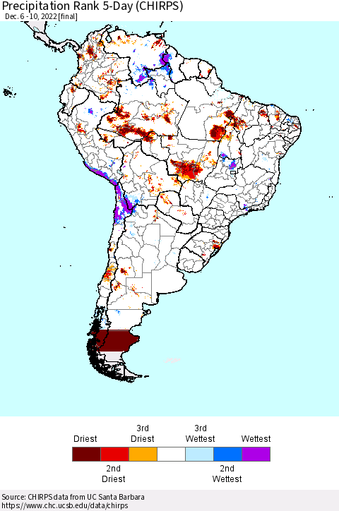 South America Precipitation Rank since 1981, 5-Day (CHIRPS) Thematic Map For 12/6/2022 - 12/10/2022