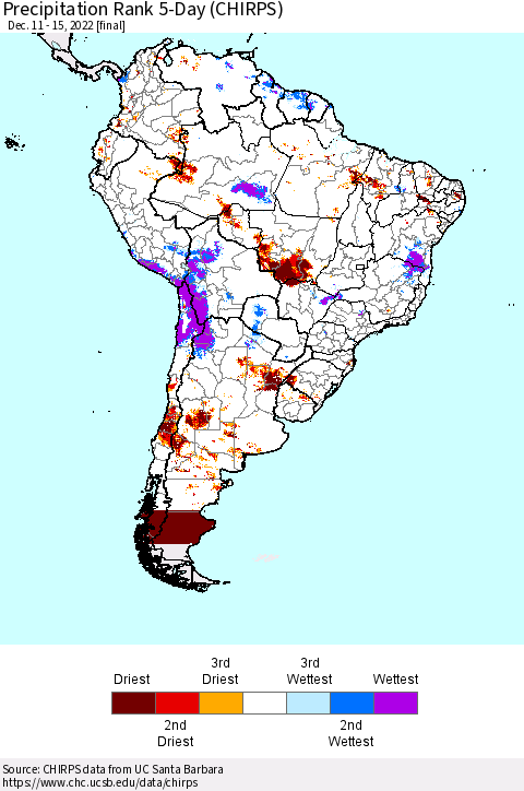 South America Precipitation Rank since 1981, 5-Day (CHIRPS) Thematic Map For 12/11/2022 - 12/15/2022