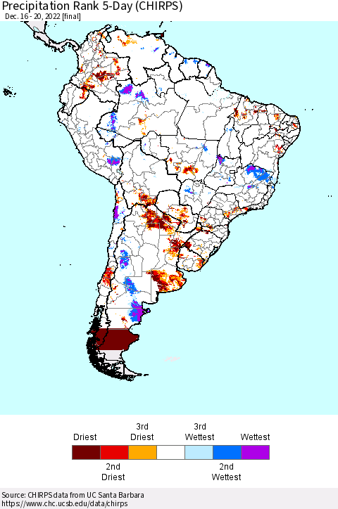 South America Precipitation Rank since 1981, 5-Day (CHIRPS) Thematic Map For 12/16/2022 - 12/20/2022
