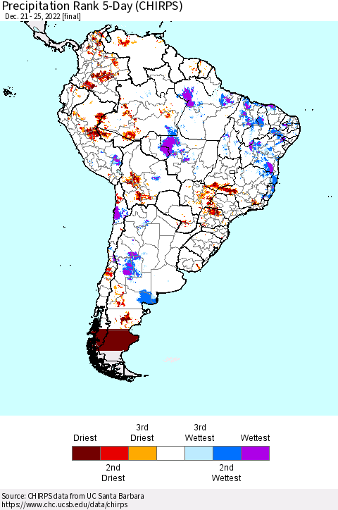 South America Precipitation Rank since 1981, 5-Day (CHIRPS) Thematic Map For 12/21/2022 - 12/25/2022
