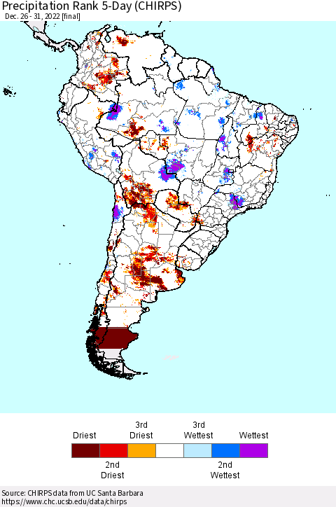 South America Precipitation Rank since 1981, 5-Day (CHIRPS) Thematic Map For 12/26/2022 - 12/31/2022