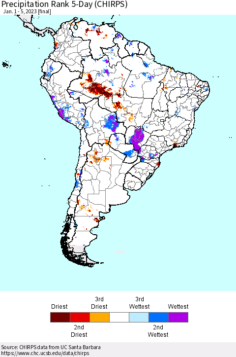South America Precipitation Rank since 1981, 5-Day (CHIRPS) Thematic Map For 1/1/2023 - 1/5/2023