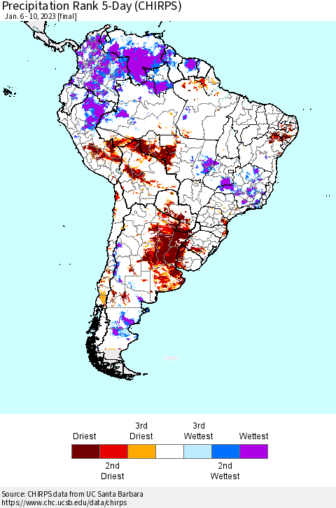 South America Precipitation Rank since 1981, 5-Day (CHIRPS) Thematic Map For 1/6/2023 - 1/10/2023