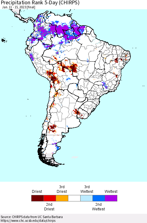 South America Precipitation Rank since 1981, 5-Day (CHIRPS) Thematic Map For 1/11/2023 - 1/15/2023