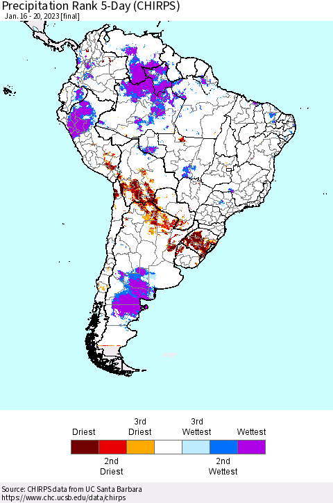 South America Precipitation Rank since 1981, 5-Day (CHIRPS) Thematic Map For 1/16/2023 - 1/20/2023