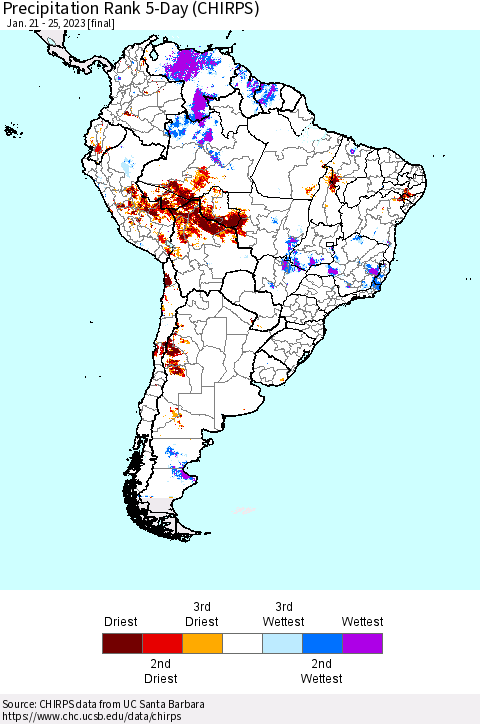 South America Precipitation Rank since 1981, 5-Day (CHIRPS) Thematic Map For 1/21/2023 - 1/25/2023