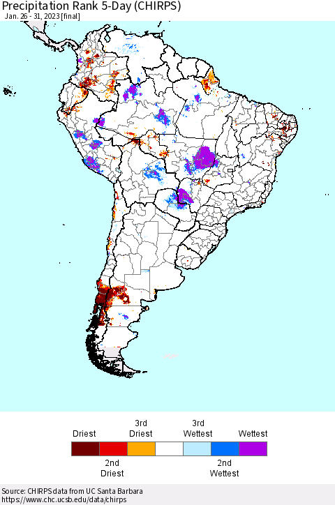 South America Precipitation Rank since 1981, 5-Day (CHIRPS) Thematic Map For 1/26/2023 - 1/31/2023