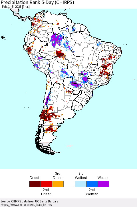 South America Precipitation Rank since 1981, 5-Day (CHIRPS) Thematic Map For 2/1/2023 - 2/5/2023