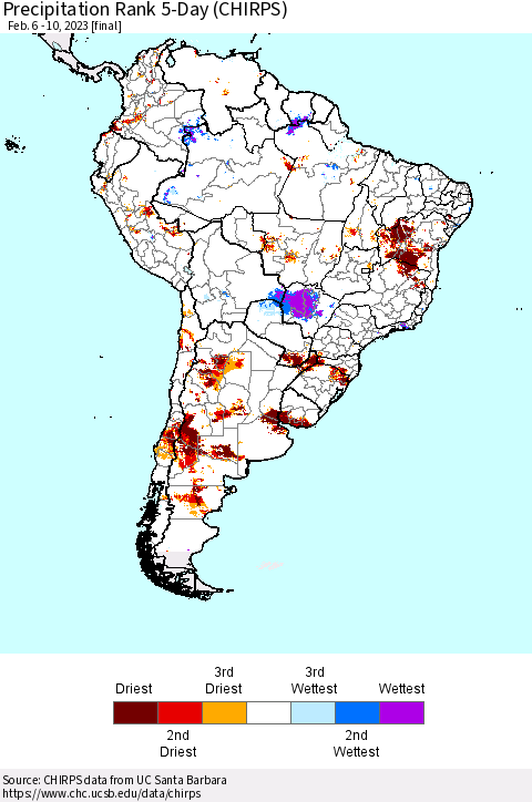 South America Precipitation Rank since 1981, 5-Day (CHIRPS) Thematic Map For 2/6/2023 - 2/10/2023