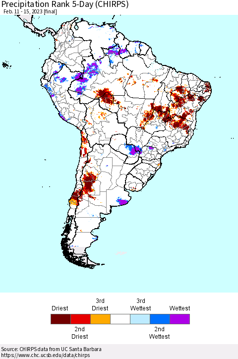 South America Precipitation Rank since 1981, 5-Day (CHIRPS) Thematic Map For 2/11/2023 - 2/15/2023